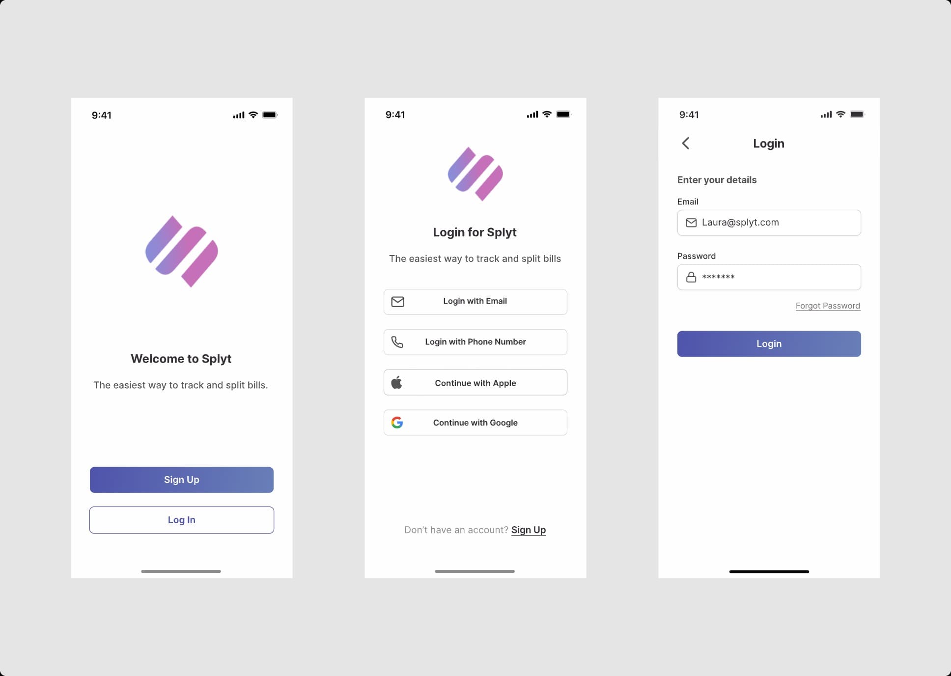 Splyt Pay screen designs, set 1