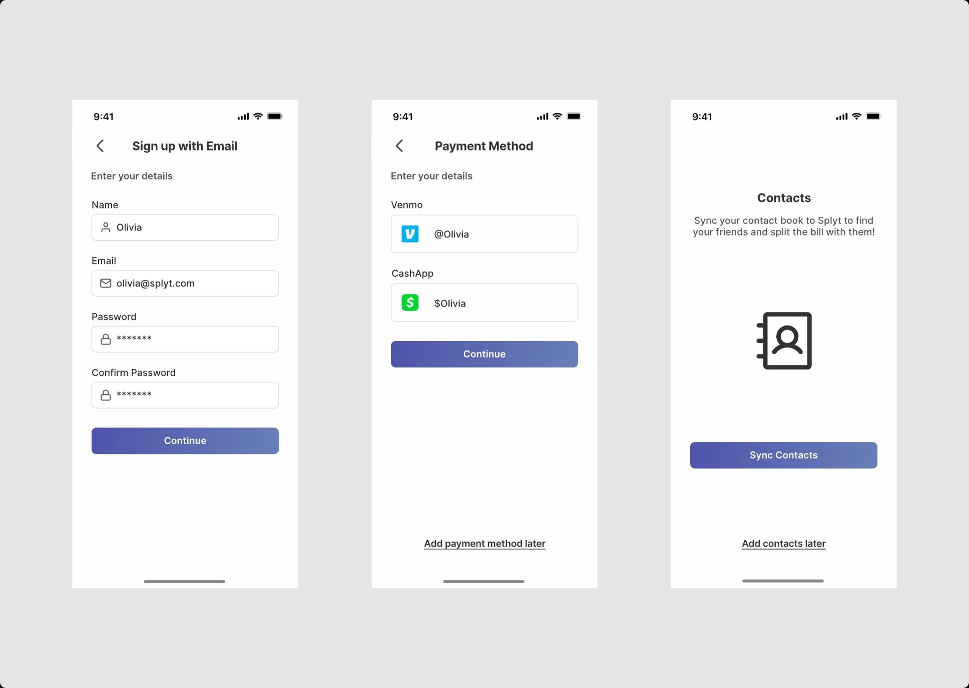 Splyt Pay screen designs, set 5