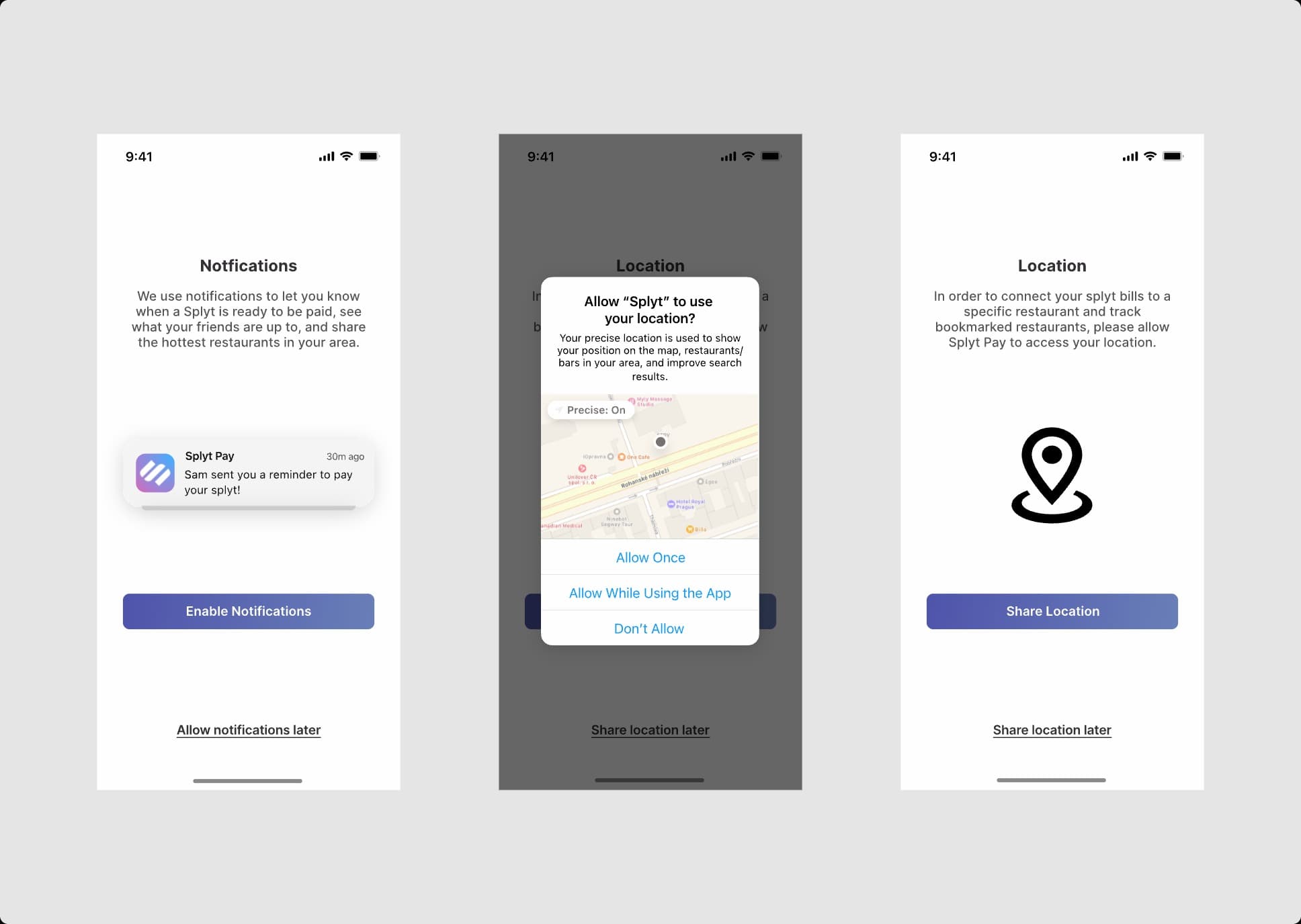 Splyt Pay screen designs, set 6