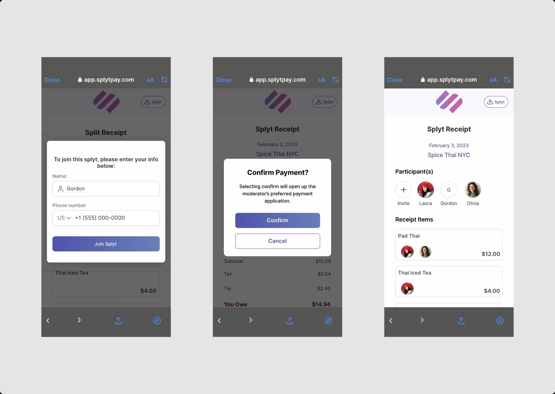 Splyt Pay screen designs, set 7